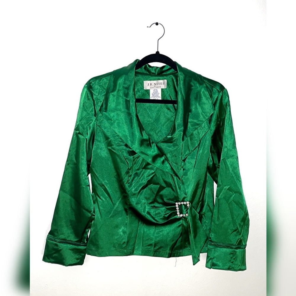 Green Silk Formal Women’s Blouse With Diamond Belt Buckle